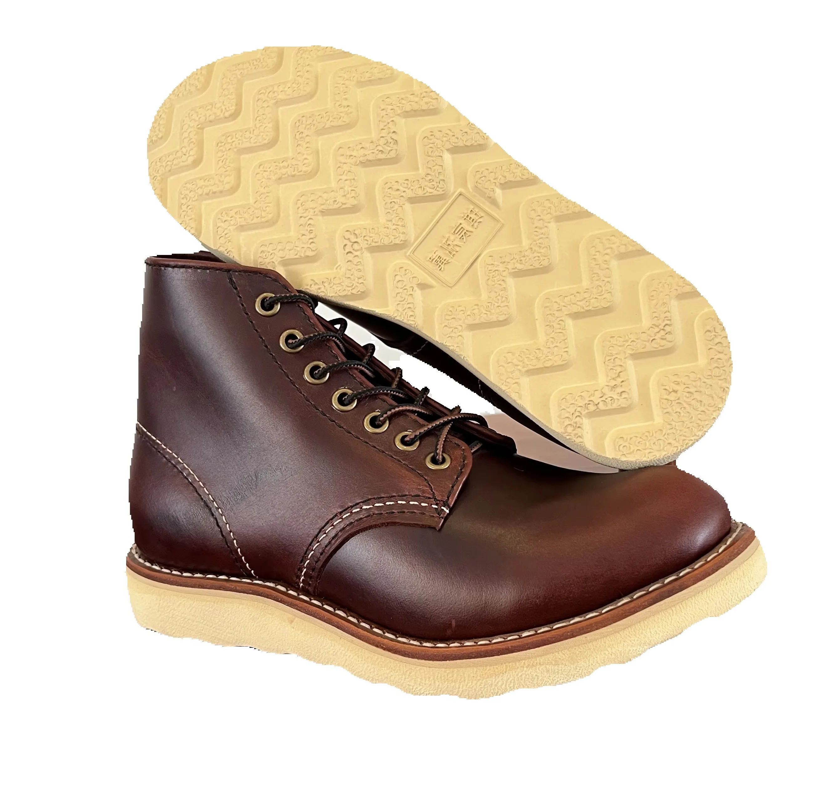 CC382 Genuine Leather Men Moc Toe Ankle Boots Vintage American Style Hand Stitched Wedge Sole Lace‑up Casual Work Shoes