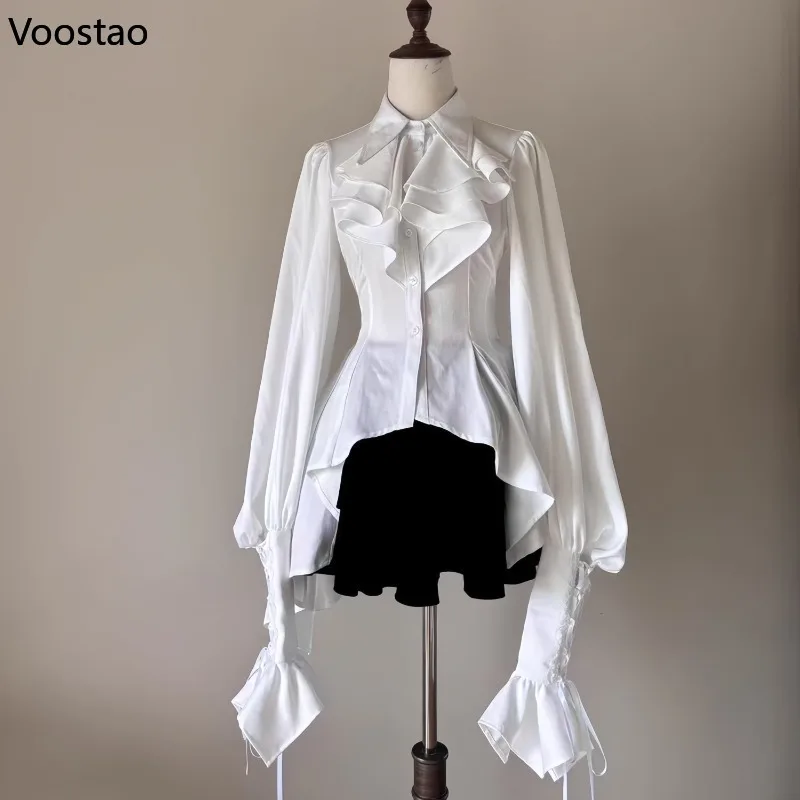 Gothic Y2k Lolita Style Shirts Japanese Women Vintage Cute Ruffles Collar Long Sleeves Blouse Female Victorian Elegant Slim Tops