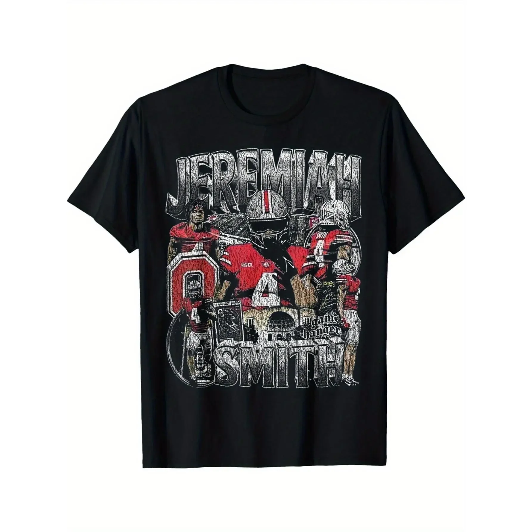 Menswear Vintage Jeremiah Smith Graphic T-Shirt - 90's Retro Black Distressed Football Jersey, Thick Short-Sleeve Classic Bold Lettering/Player Numbers, Unisex Regular Fit Cotton, Machine Washable All-Season Casual Sports Fan Apparel