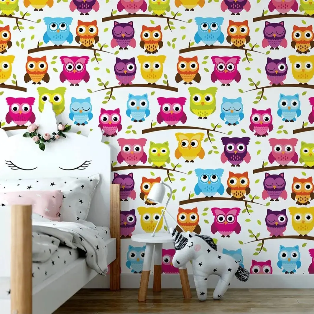 

Colorful Cartoon Owl Pattern Wallpaper Peel and Stick, Cute Animal Wall Mural For Kids Room Decor. Self Adhesive Or Traditional