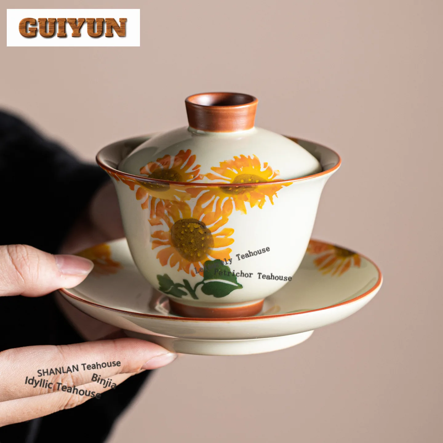

150ml Plant Ash Hand-painted Flowers Gaiwan Luxury Tea Tureen Tea Bowl With Lid Kit Tea Making Cover Bowl For Tea Ornaments