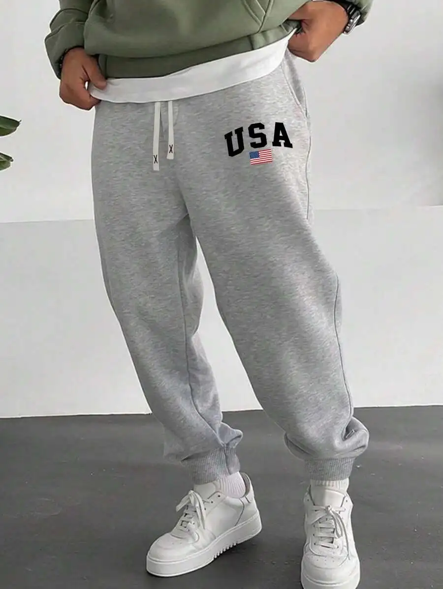 

Mens Gray Knit Joggers With USA Graphic Print Elastic Waist Drawstring Sweatpants For Outdoor Activities