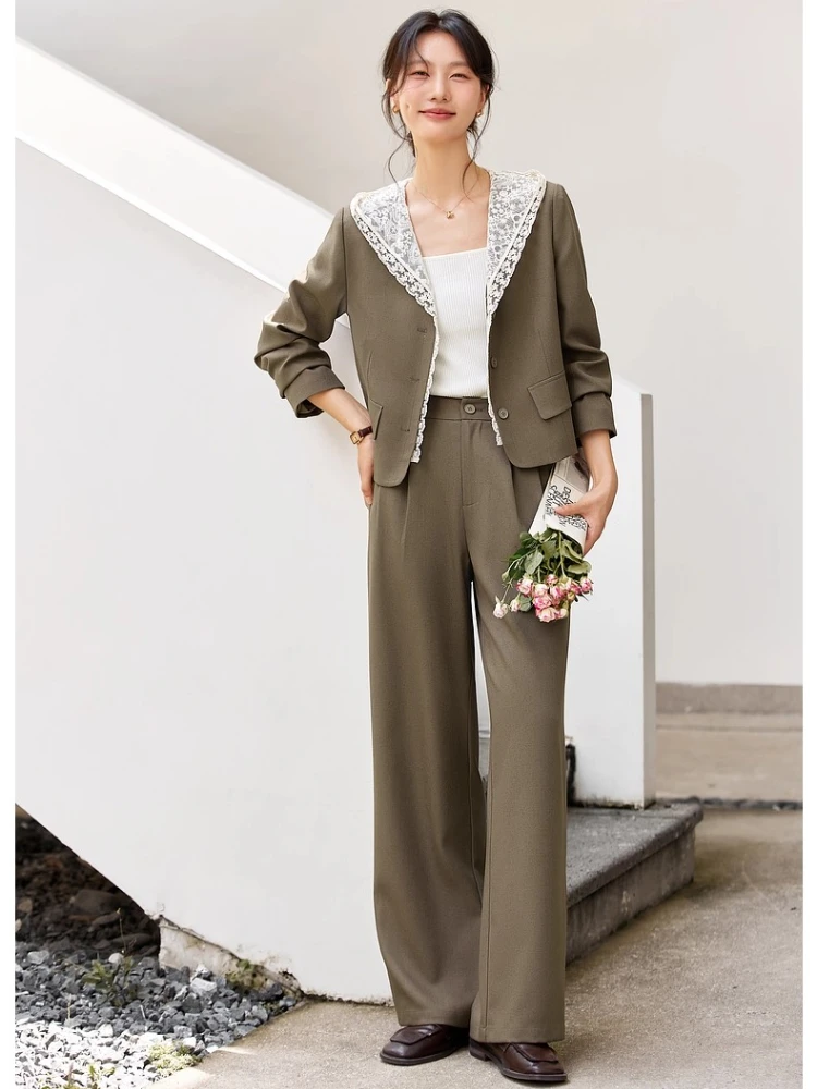 

VIMLY 2 Piece Blazer Pants Sets Woman Outfits Notched Lapel Collar Lace Spliced Long Sleeves Jacket Casual Long Trousers A2532