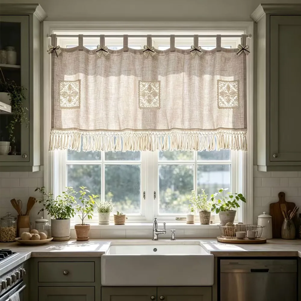 Partition Door Vintage Oven Cover Curtain Rustic Detachable Boho Curtain Panel with Pocket with Tassels Cabinet Curtain Window