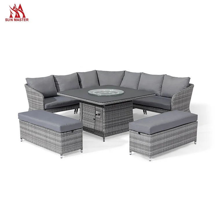Modern Patio Furniture Outdoor Garden Sofa with Firepit Table Courtyard Hotel Corner Rattan Wicker Terrace Sofas