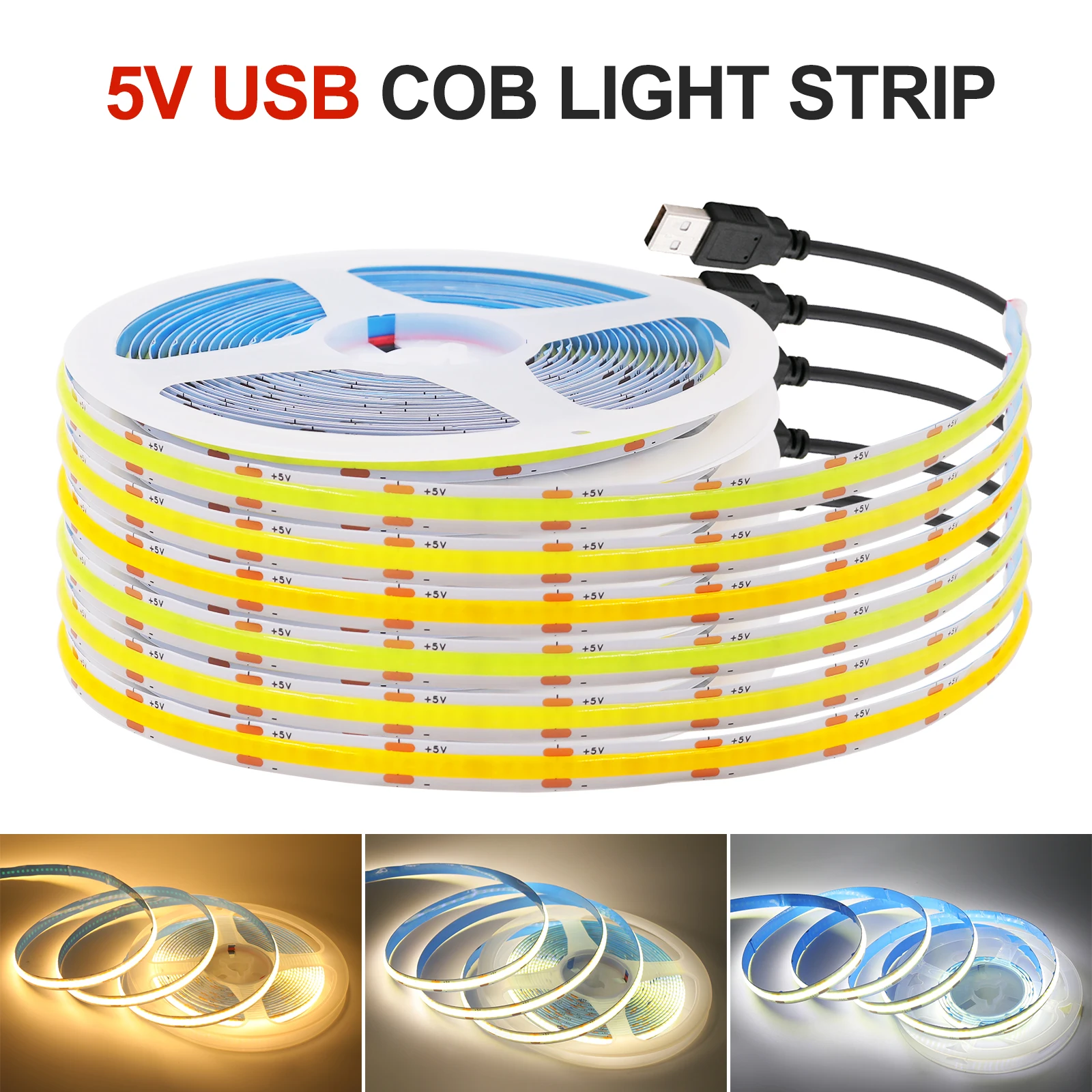 5V USB/DC/2Pin LED COB Strip Self-adhesive Flexible TV Background Lighting Tape 3000K/6000K 1-5m LED String Light Home Decor