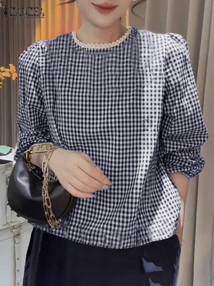 ZANZEA Women Casual Long Sleeve Plaid Checked Blouse Spring Elegant Lace Patchwork Tops Vintage Work Party Shirt Loose Blusas