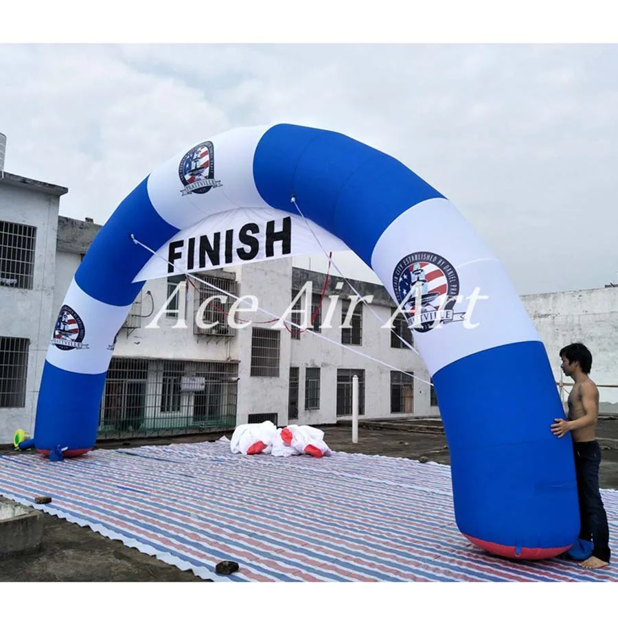 8m wide Round Blue and White Strip Inflatable Finish Line Arch with Removable Banner for Advertising