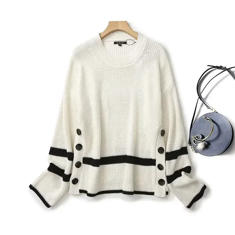 

Женский Осенний вязаный свитер в полоску, с разрезом сбоку и пуговицами, декоративный свитер в стиле ретро с круглым вырезом и длинными рукавами, шикарный топ, новинка 2023