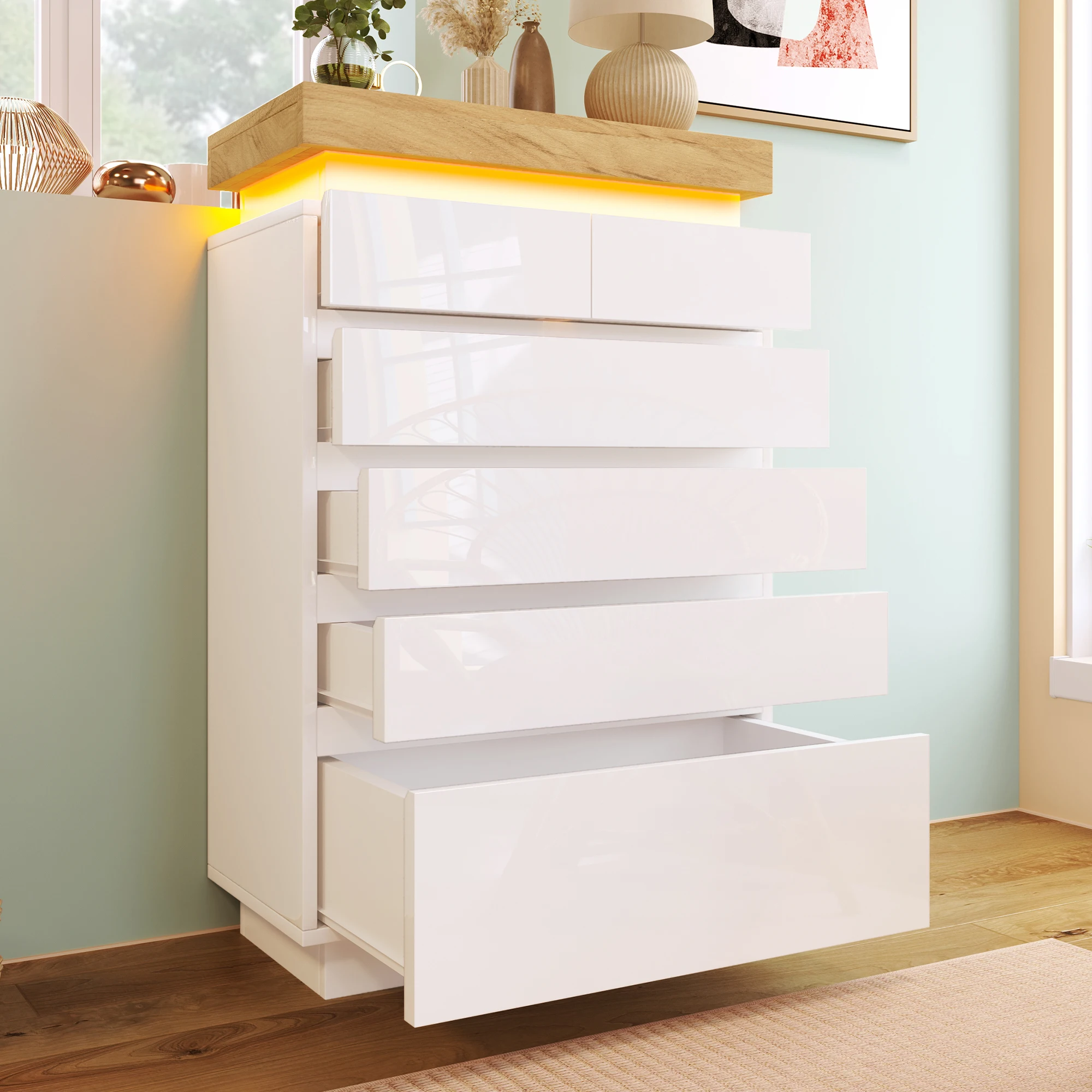 Aparador moderno KOMHTOM de 115x73x39 cm en blanco brillante con 6 amplios cajones de almacenamiento e iluminación LED regulable con control por aplicación.