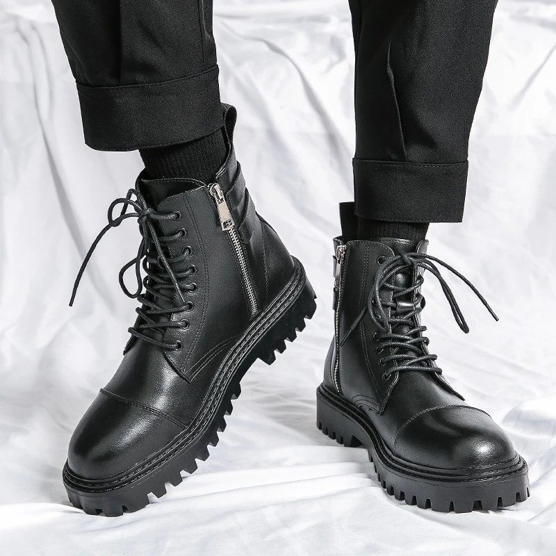 Fashionable Autumn Men Lace Up Comfortable Short Boots High Quality New Korean Version High Top Side Zipper Casual Leather Shoes