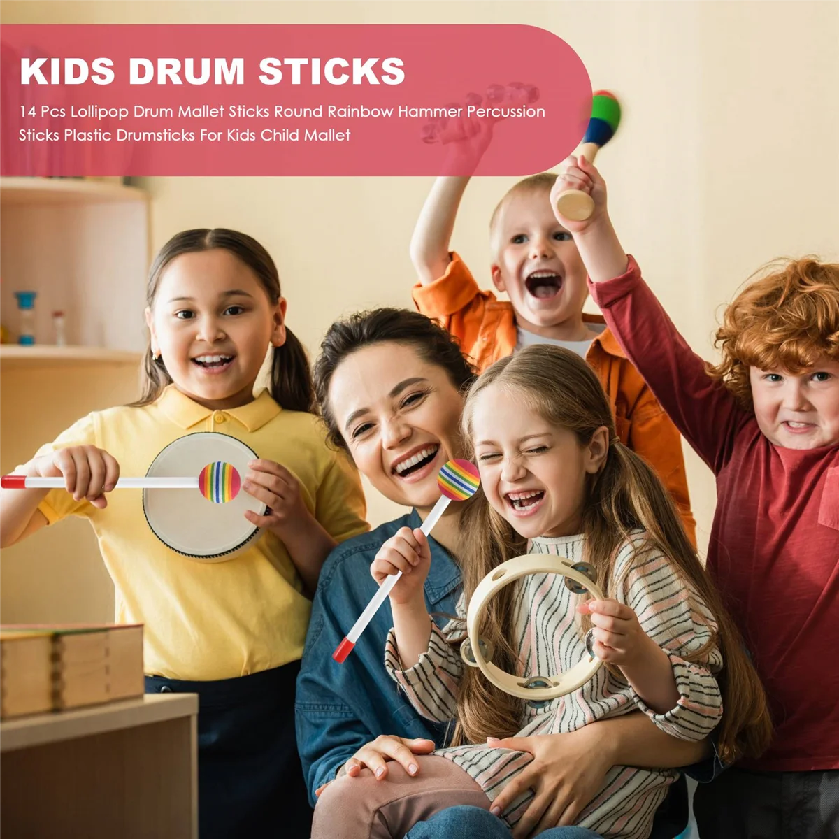 14 Pcs Lollipop Drum Mallet Sticks Round Rainbow Hammer Percussion Sticks Plastic Drumsticks for Kids Child Mallet