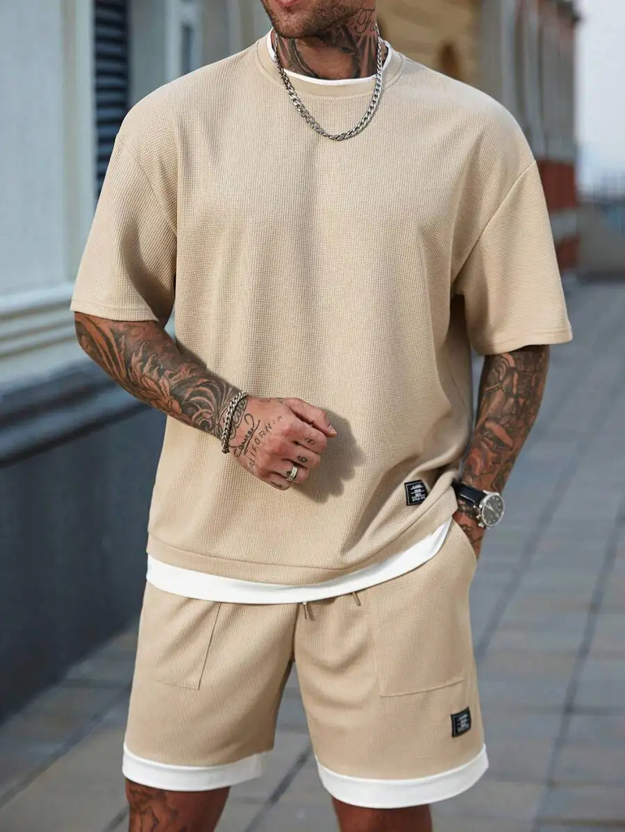 

Men's Beige Waffle Knit 2-Piece Set: Loose Short Sleeve Tee & Pocket Shorts