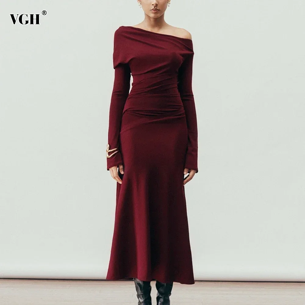 

VGH Elegant Folds Knitting Dresses for Women Slash Neck Long Sleeve High Waist Temperament Slimming Dress Female Fashion Style