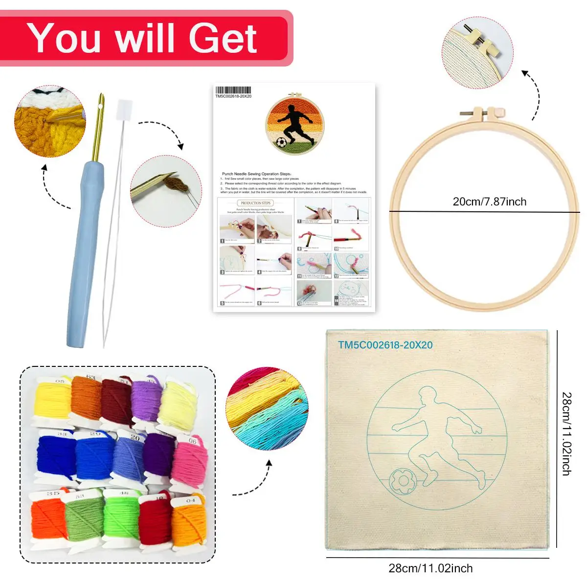 20X20CM/7,87 Zoll Fußball-Stickset, Punch-Nadel-Stickset, Stickerei, gestrickte Stickerei, DIY, handgemachtes Geschenk, Nähkunst – Detail 5
