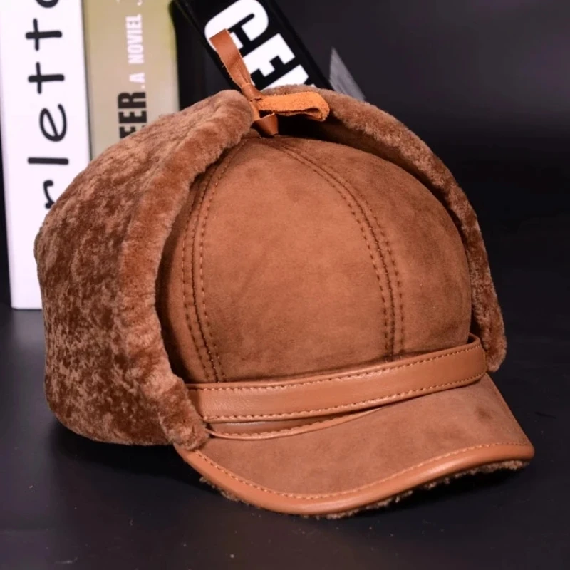 

2024 Winter Man Real Leather Full Wool Goat Fur One Bomber Hats Male Fleece Warm Caps Brown/Dark Blue Motocycle Bonnet