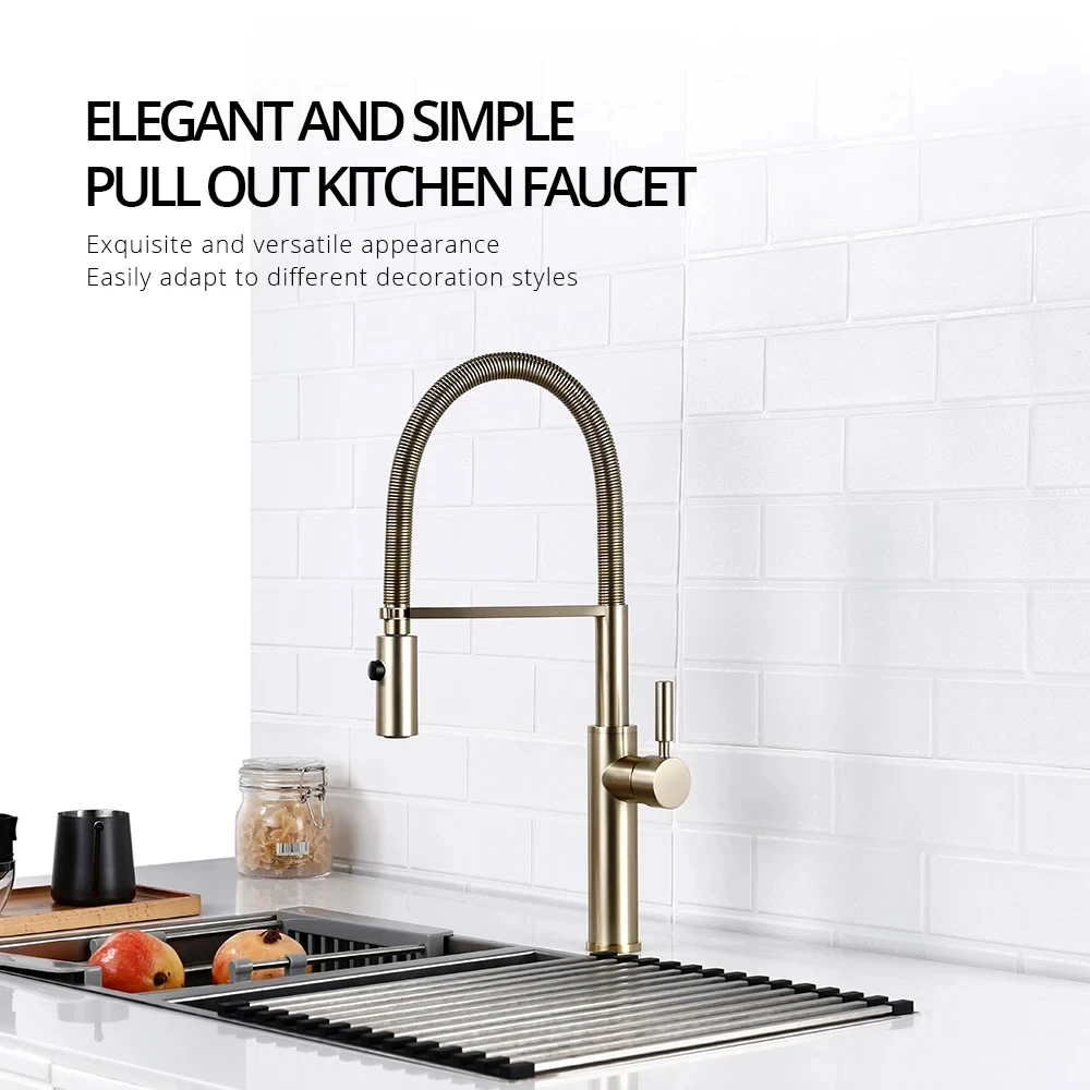 Brushed Gold Kitchen Faucets Brass Mixer for Kitchen Sink Single Lever Pull Out Spring Spout Tap Hot Cold Water 1036