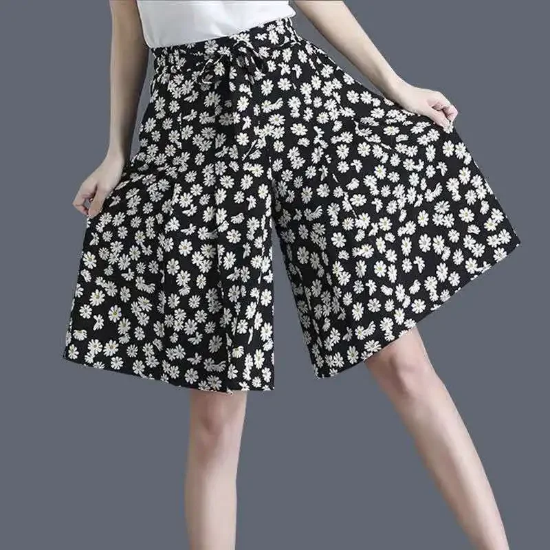 

Women Clothes Office Lady Printing Elastic Waist Wide Leg Summer All-match Floral Loose Pants High Waist Capris Femme Trend Z126