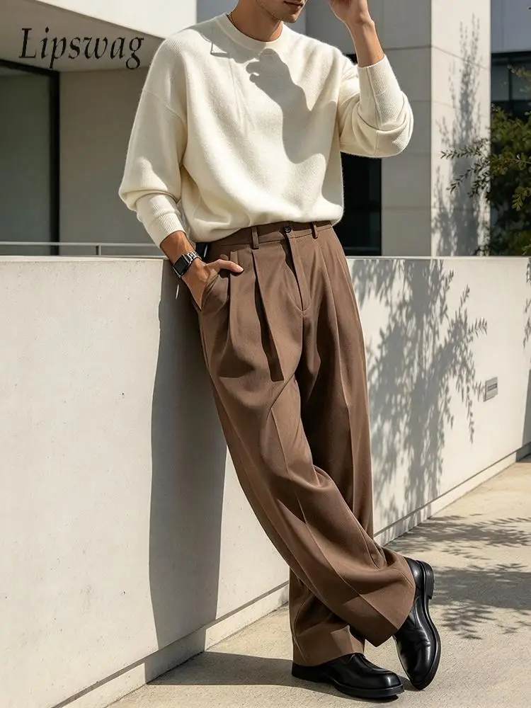Daily Outdoor Solid Color Pants Mens Old Money Style 2026 Autumn Fashion Pleated Straight Suit Trousers Loose Bottoms For Male