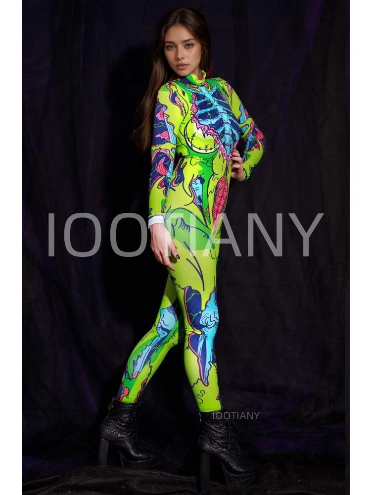 Damen-Party-Kostüm für Feiertage, Cyberpunk-Comic-Zombie-Bodysuit, Halloween, lustiges Cosplay-Skelett-Kostüm, Karneval, Stretch-Strumpfhose, Jumpsuit – Detail 3