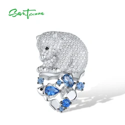SANTUZZA Real 925 Silver Brooch For Women Sparkling White Cubic Zirconia Blue Spinel Cute Bear Animal Wedding Gifts Fine Jewelry