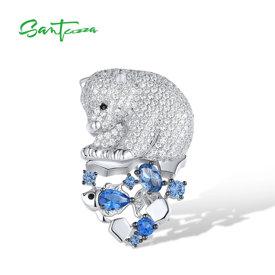 santuzza broche de prata para mulheres urso bonito presentes de casamento animais joias finas zirconia cubica branca espumante prata 925 real espinelio azul 01