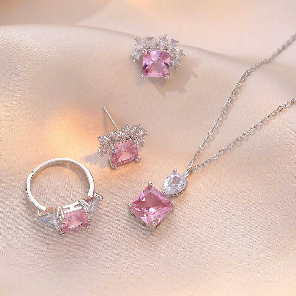 Bridal Jewelry Set Square Pink CZ Crystal 925 Silver Needle Ring Pendant Necklace Earrings for Women Wedding Anniversary Gifts