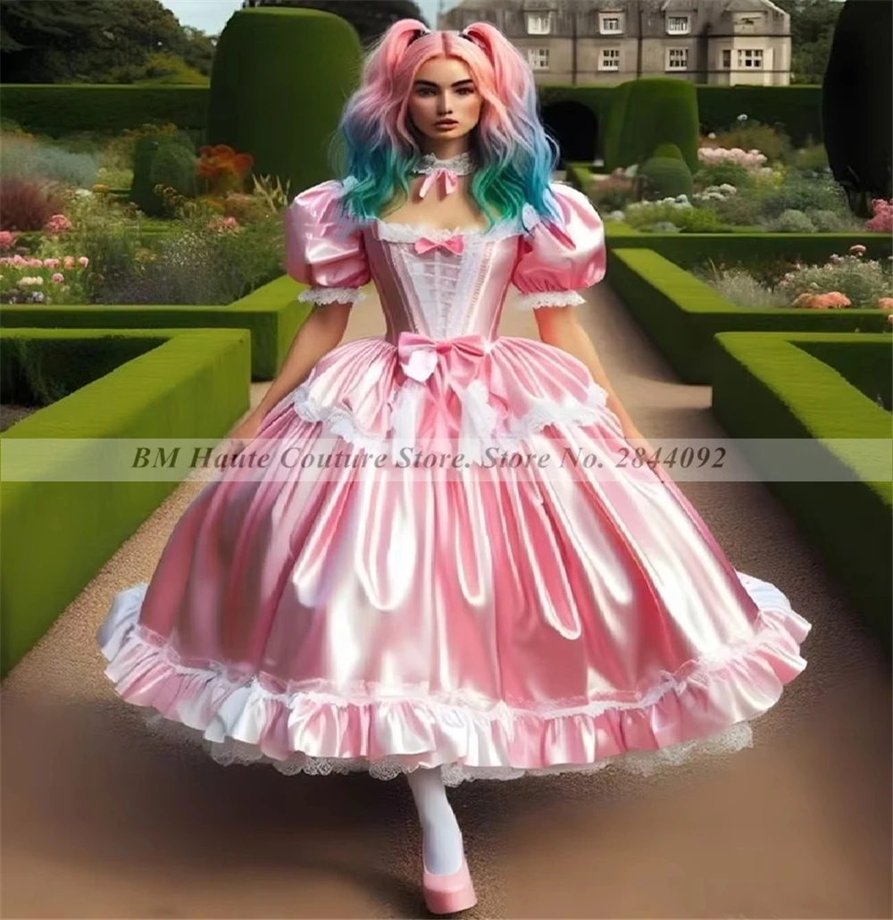 Maid Pink Cosplay Prom Dresses Aesthetic Puff Sleeve A Line Short Lolita Halloween Birthday Formal Evening Party Gown BM307