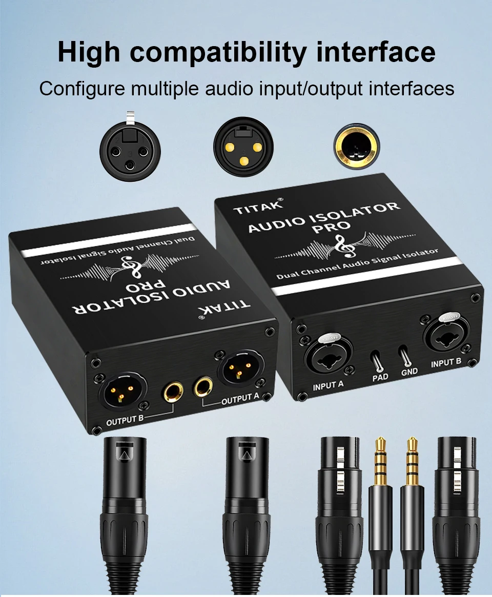 2-Kanal-Symmetrischer Audio-Signalisolator zur Unterdrückung von Brummen und Rauschen, XLR 6.35 Audio-Rauschunterdrücker für Konferenzen, Studios und Live-Shows – Detail 3