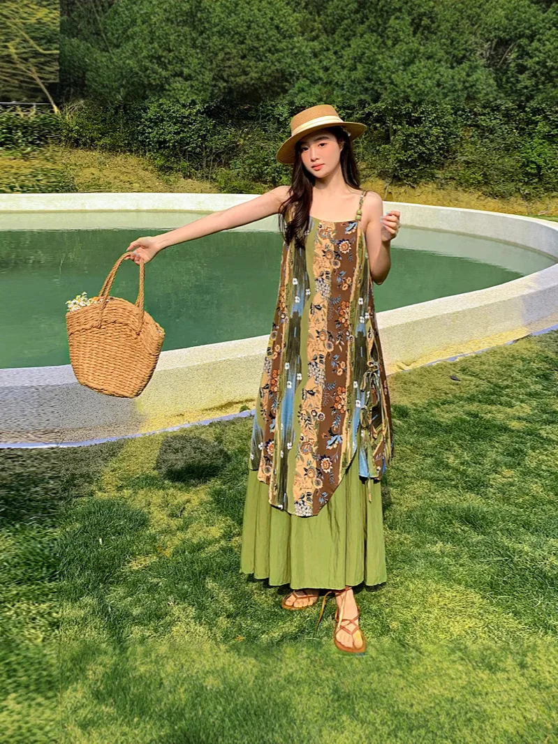 بوهيميا عطلة الشاطئ نمط الأخضر عدم انتظام الأزهار طباعة الرسن فساتين للنساء الصيف بلا أكمام ثوب الجنية التنانير الطويلة