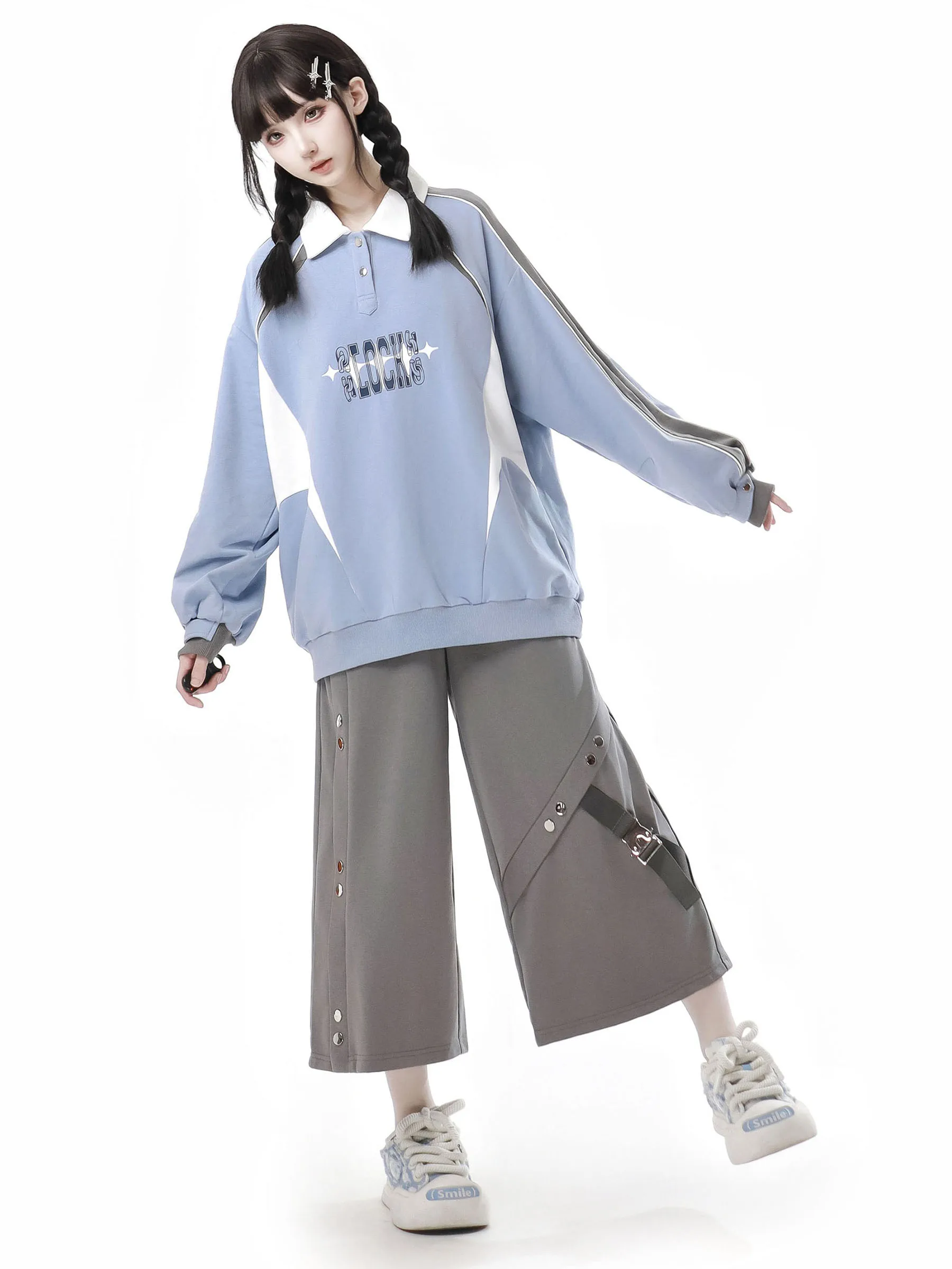 Blue and Grey Splicing Academy Style Hoodie Set Tracksuit New Autumn Female Student Sweatshirt Top and Shorts Wide Leg Pants Set