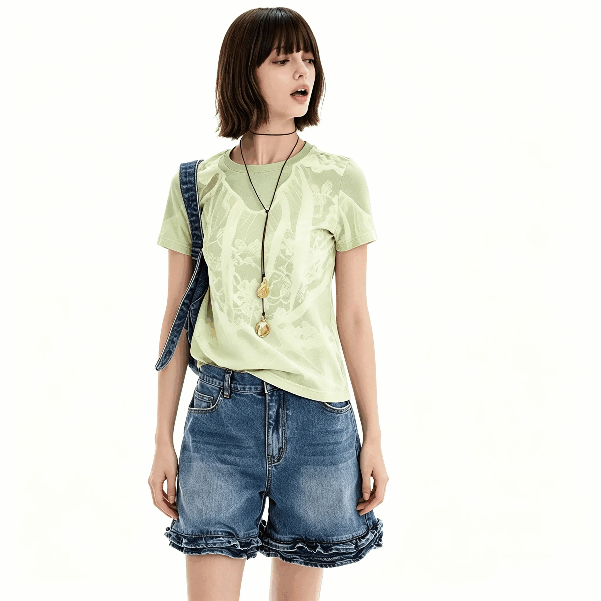 Europäisches, amerikanisches, spanisches Original-T-Shirt für Damen, kurzärmelig, Rundhalsausschnitt, bedruckte Spitze, 26 neue Oberteile – Detail 2