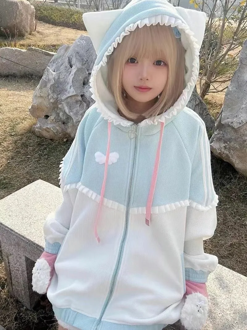 Japanese Kawaii Hoodies Women Casual Cartoon Cat Ears Coat Cute Sweatshirts Women Y2K Aesthetic Patchwork Pocket ​Streetwear view 2