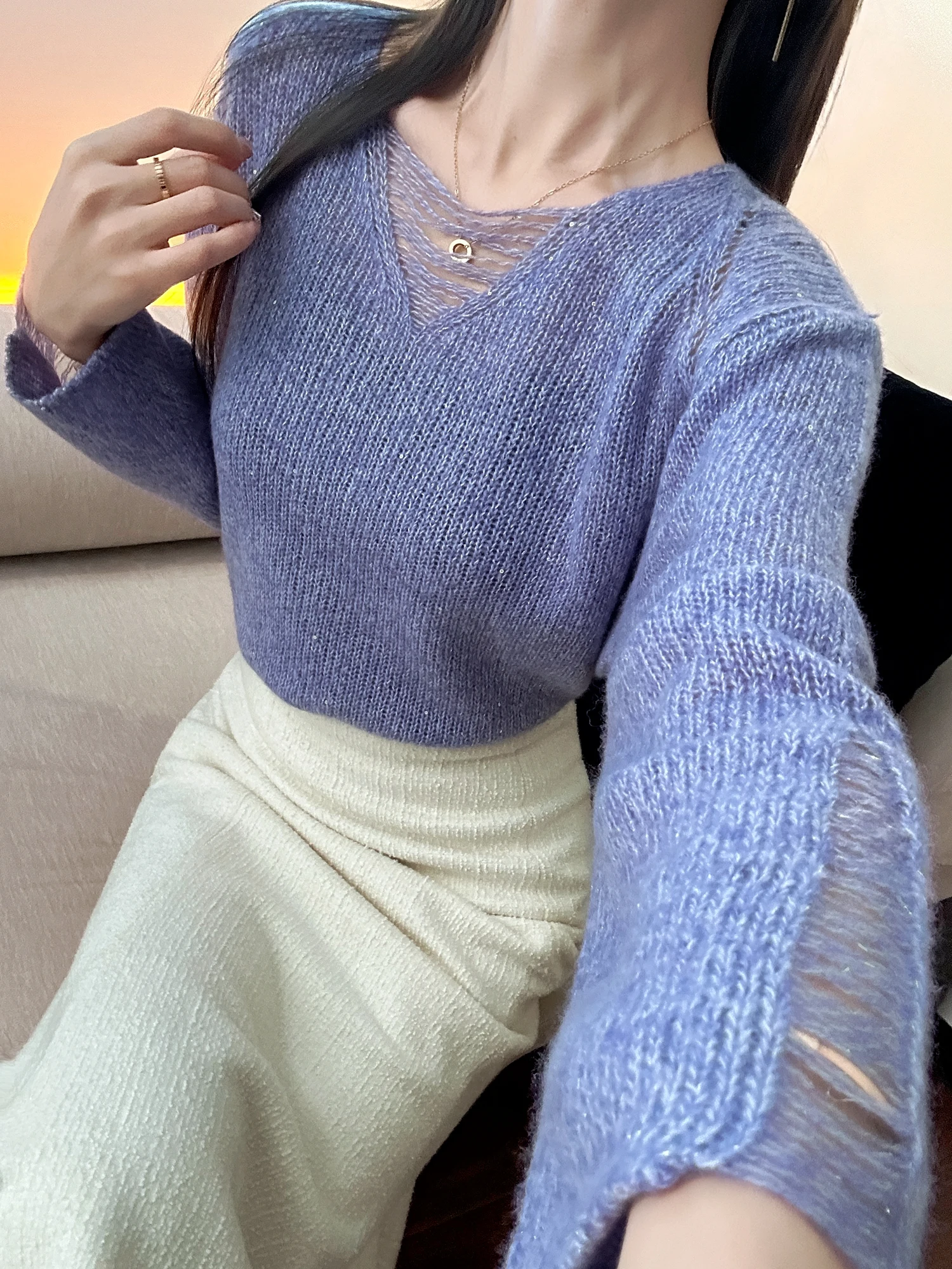 

Cloud-Like Touch Purple Knitted Sweater Hollow out Design Lazy Sle Dry Purple Color Soft Korean Version Daily Wear Women...