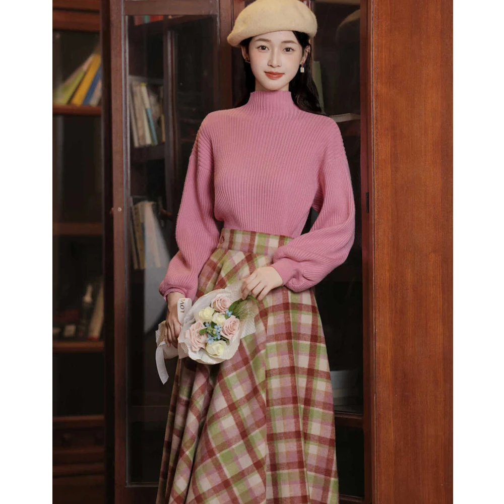 Women's Autumn Winter Vintage Pink Plaid Skirts Sweater Matching Sets French Graceful Half High Collar Knit Tops Skirt Outfits