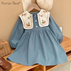 Humor Bear Blue Long Casual Dress Embroidered Kid Clothes Girl Graceful Sleeve Lapel Children Dress