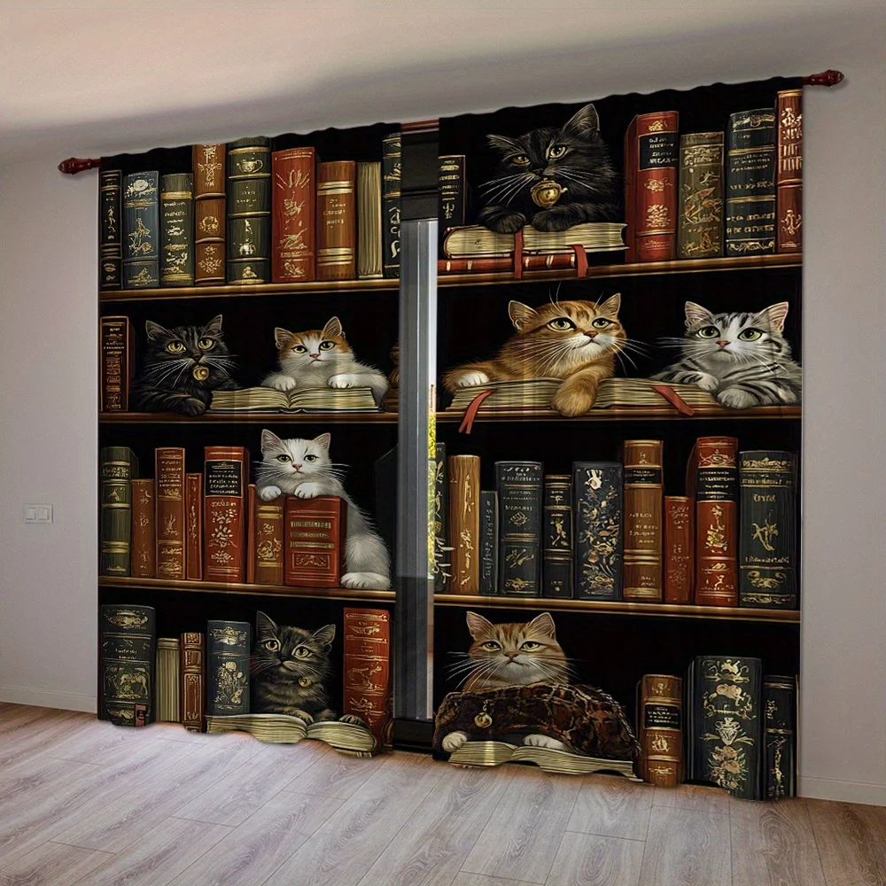 Book Cat Curtains Decorative Curtains for Living Room Window Panels Literary Bookstore Aesthetic Curtains Pair Nursery Napkin