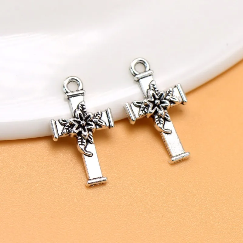 

100pcs Charms Cross Flower 20x11mm Antique Silver Color Pendants DIY Necklace Crafts Making Findings Handmade Tibetan Jewelry