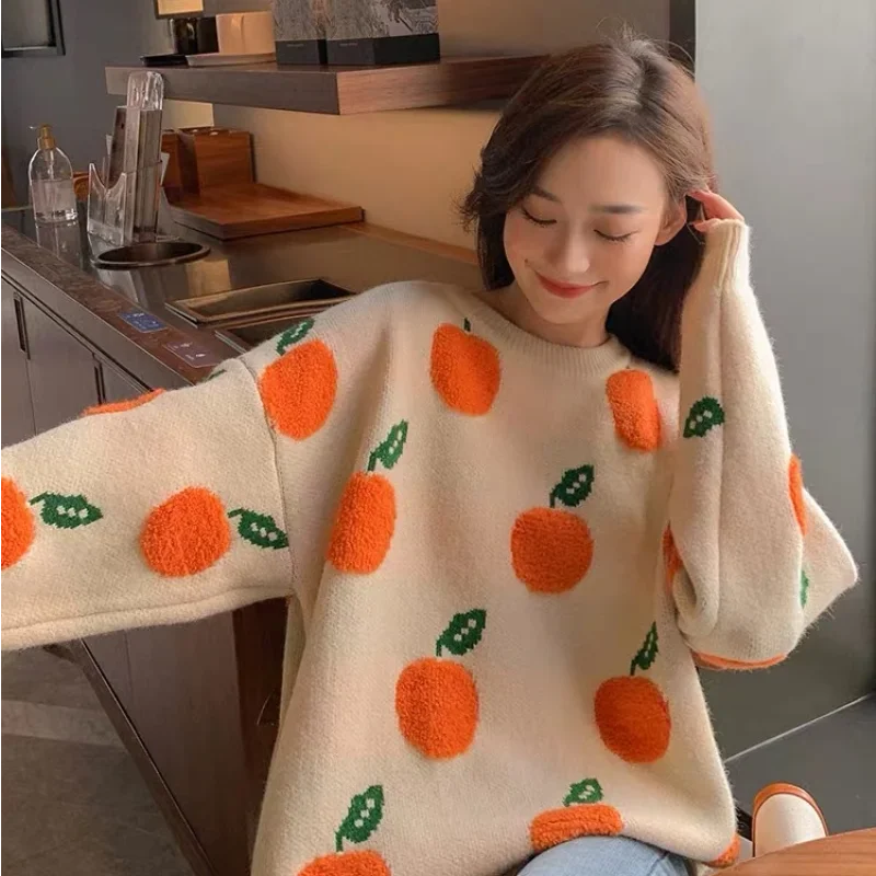 Orange Sweater Cute Pullover 2024 Fall Trend Sweety Women Sweater Fruit Orange Pattern Winter Sweater Women Kawaii Loose