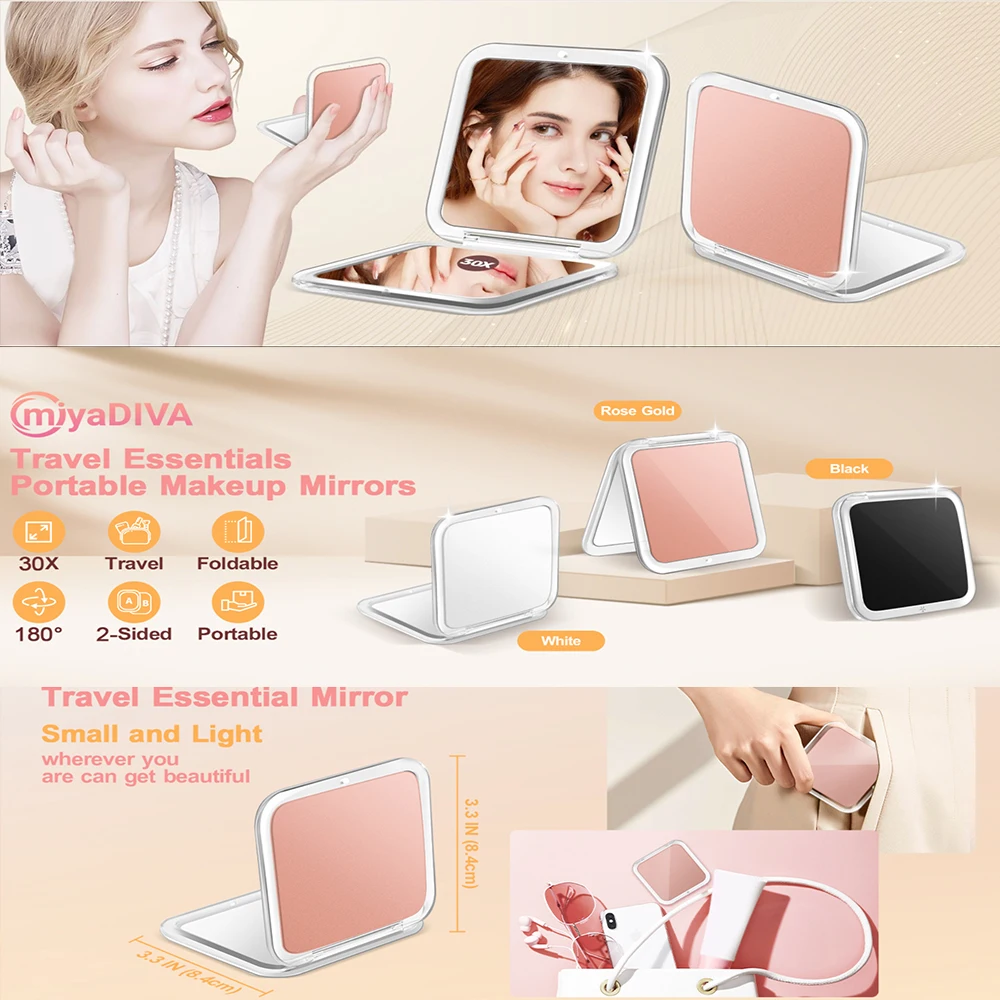 Kompakter Klappspiegel Tragbar - Make-up-Spiegel mit 10x/30x Vergrößerung Tragbarer Damen-Make-up-Spiegel Klein Verschiedene Farben