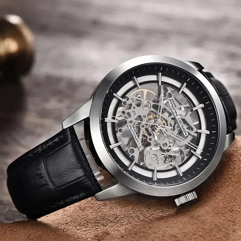 PAGANI DESIGN PD‑1638 Hollow Mechanical Men Watch 43MM Blue Crocodile Pattern Leather Band G3265Z Automatic Movement Hardlex