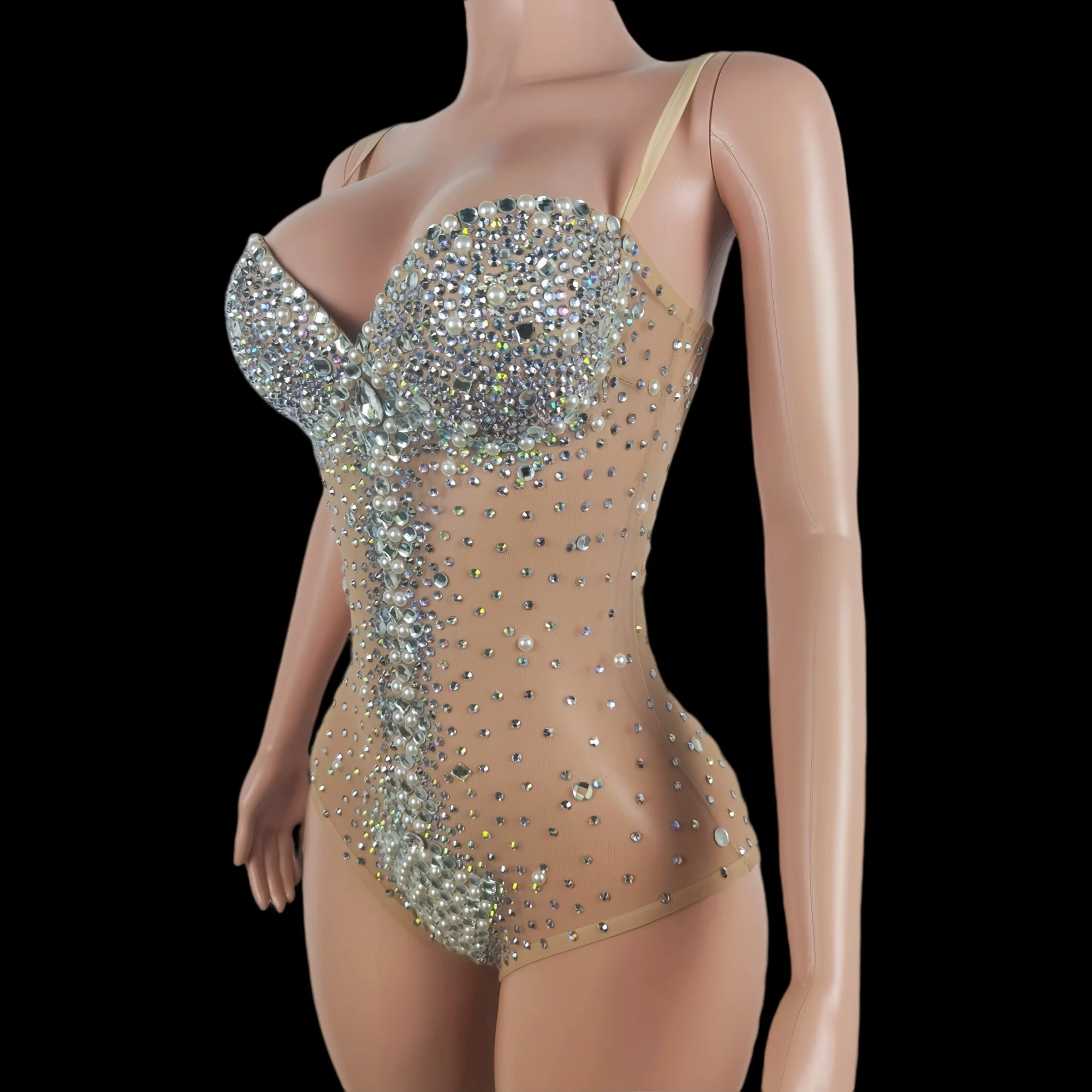 

Sparkly Crystals Pearls Bodysuit Sexy Women Sleeveless Catsuit Bar Night Party Singer DJ Dance Stage Costume Event gig Outfit