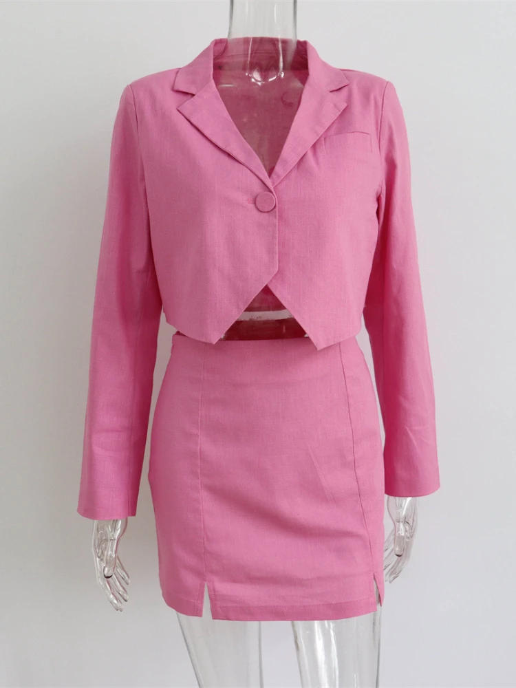 Conjunto de duas peças de lapela coreano rosa feminino, terno elegante, casaco e saia, roupas elegantes, novidade para primavera e verão