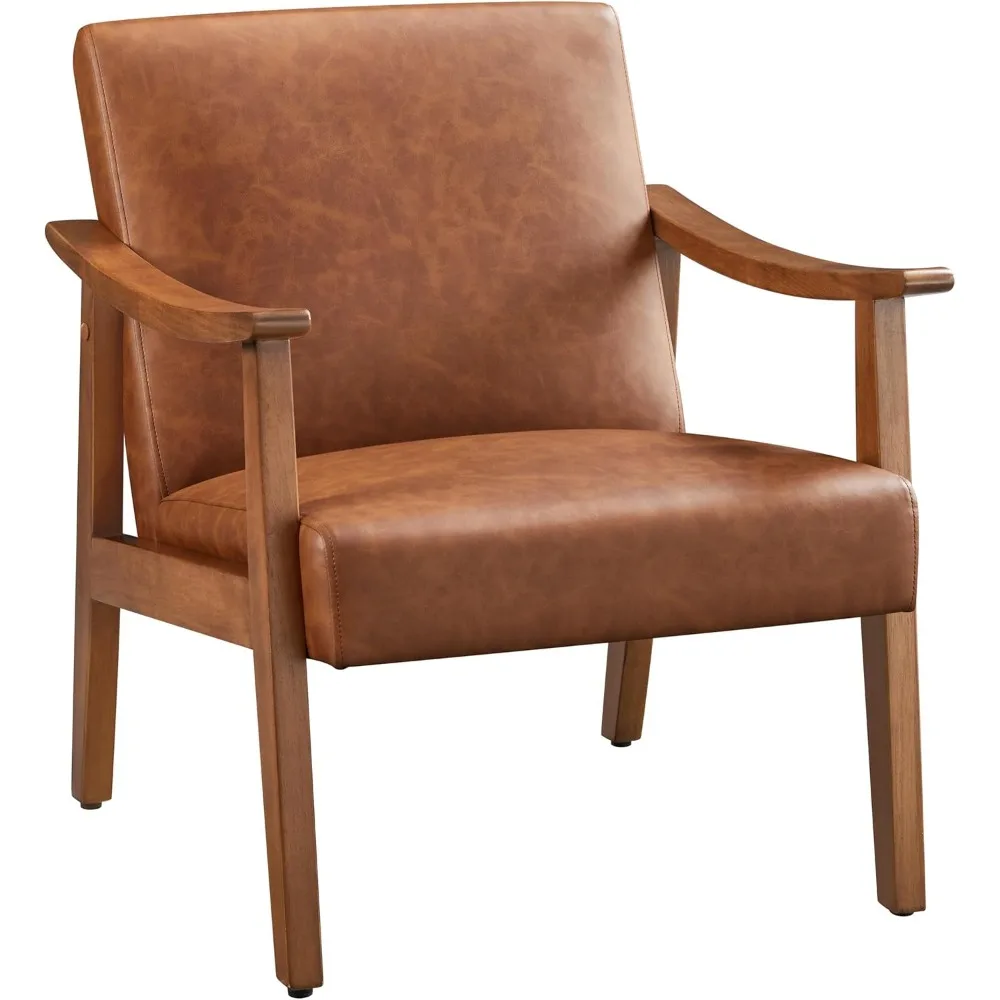 

PU Leather Accent Chair, Mid-Century Modern Armchair with Solid Wood Legs, Reading Leisure Chair with High Back for Li