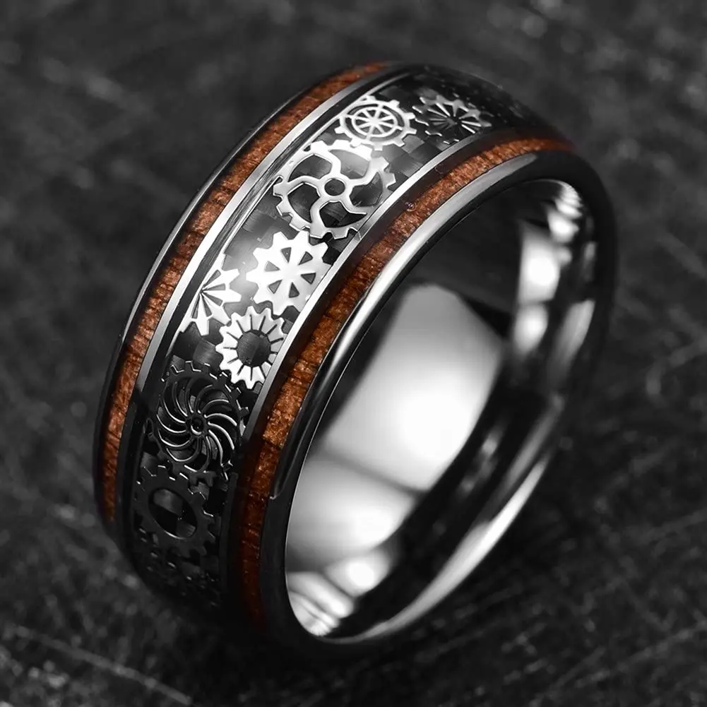 Fashion Steampunk Gear Wheel Stainless Steel Rings Inlay Koa Wood Rings For Men High Polished Hiphop Punk Rock Biker Jewelry