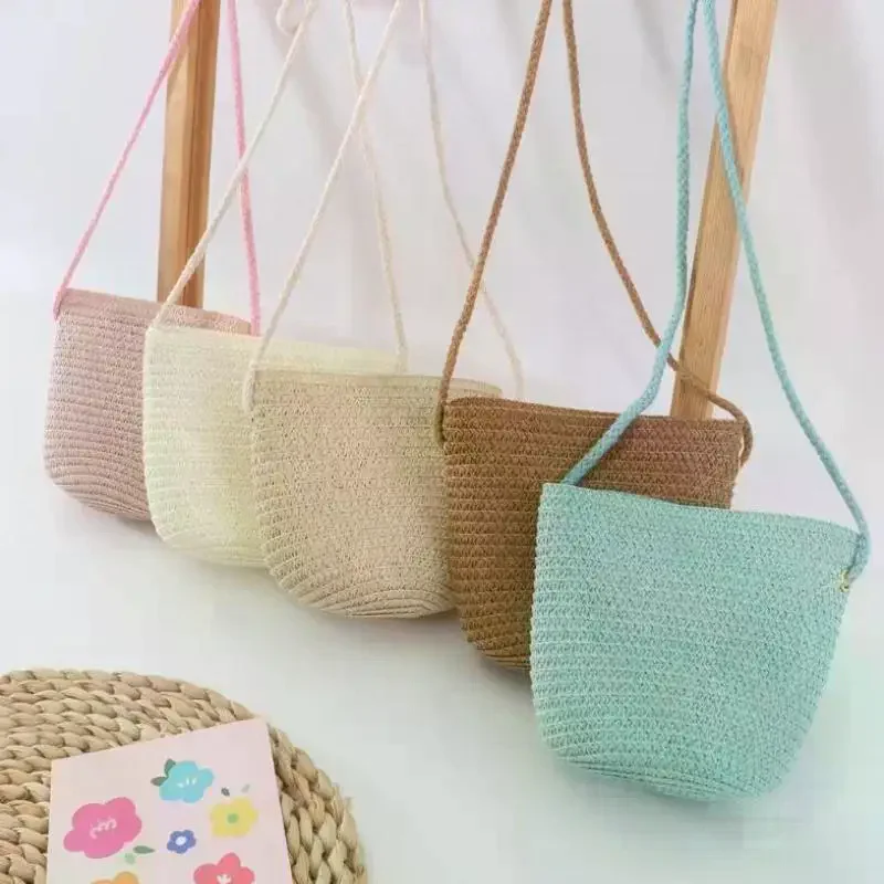 Handmade Woven Girl Flower Straw Bag Coin Purse Zipper Kid Messenger Bags Photo Props Storage Basket Crossbody Handbag