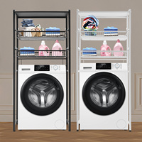 3-Tier Washing Machine Shelf, Iron and Plastic, 2 Pull-Out Baskets, 4 Hooks, Heightened Guardrail, Ideal for Laundry Rooms