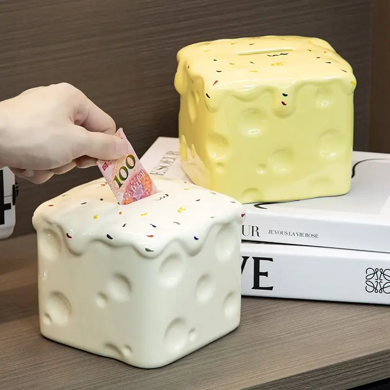 Cute Cheese Shape Ceramic Piggy Bank, Colorful Sprinkles Decor Money Box, Coin Saving Container for Home Desktop Kids Adults