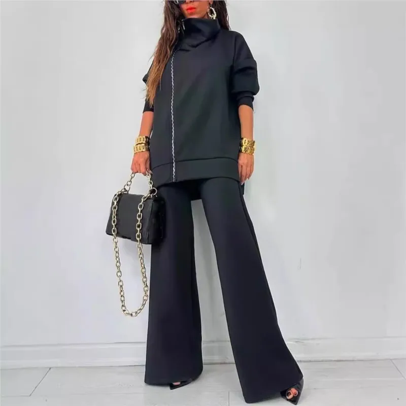 Womens Fall Outfit Set Winter Stand-up Collar Zipper Sports Suit Womens Loose Casual Solid Color Wide-leg Trousers Two-piece Set