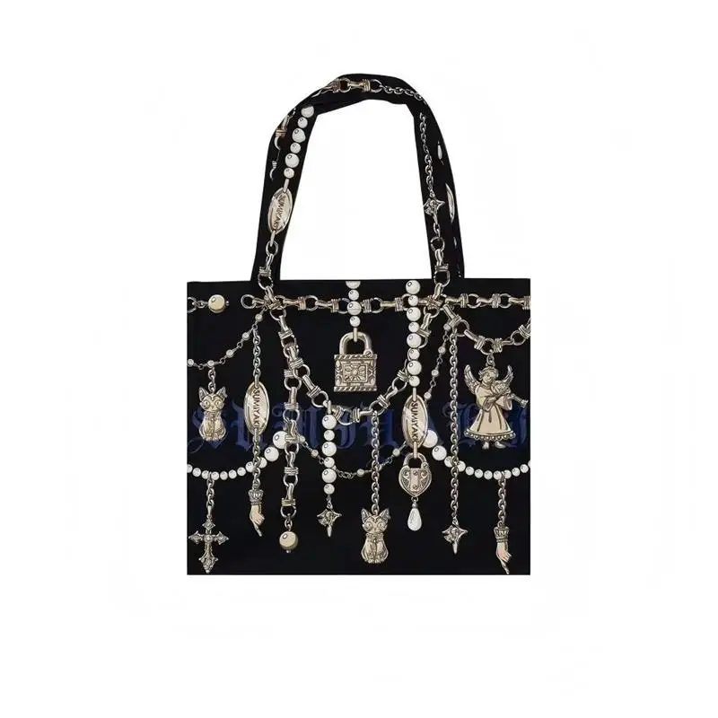Gotische Schultertasche aus Segeltuch mit Schlossverschluss und Kettenmuster, Damen-Handtasche mit künstlerischem Design, trendige, leichte Einkaufstasche – Detail 1
